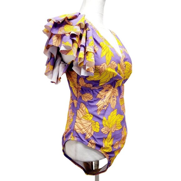 Floral One-Shoulder Ruffled Swimsuit V Neckline Yellow Lavender Womens Size XL - Picture 7 of 15